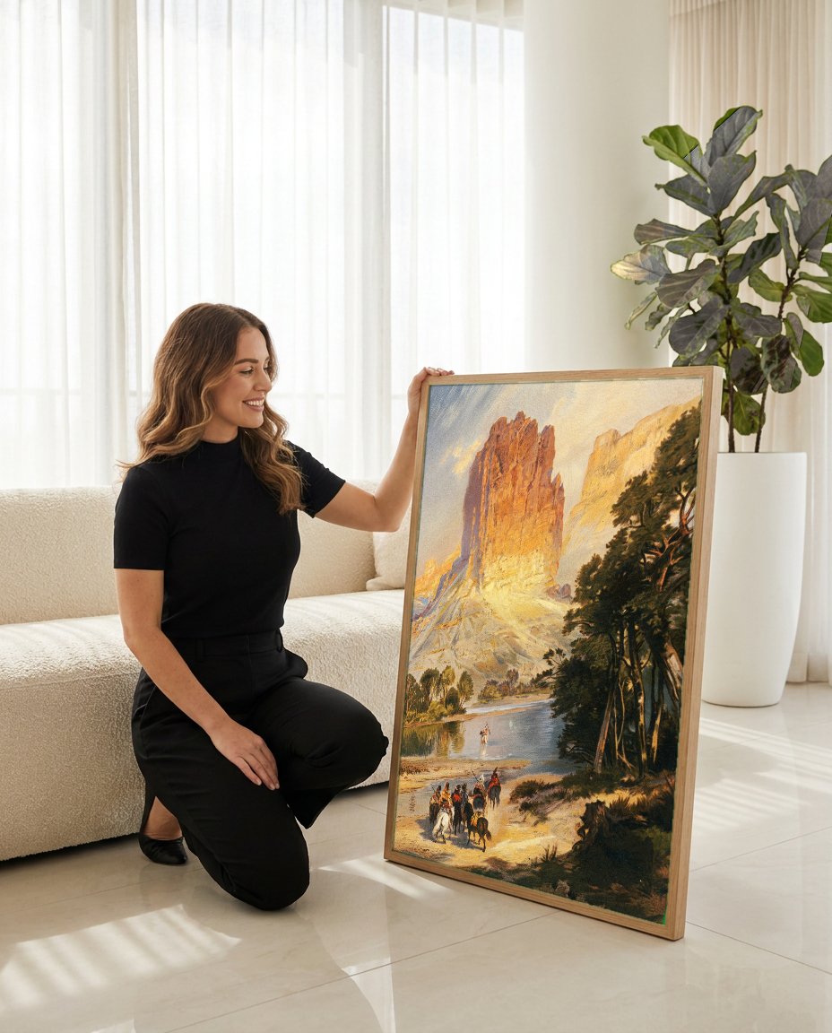Quadro Decorativo A Chegada ao Rio - Thomas Moran com modelo em ambiente