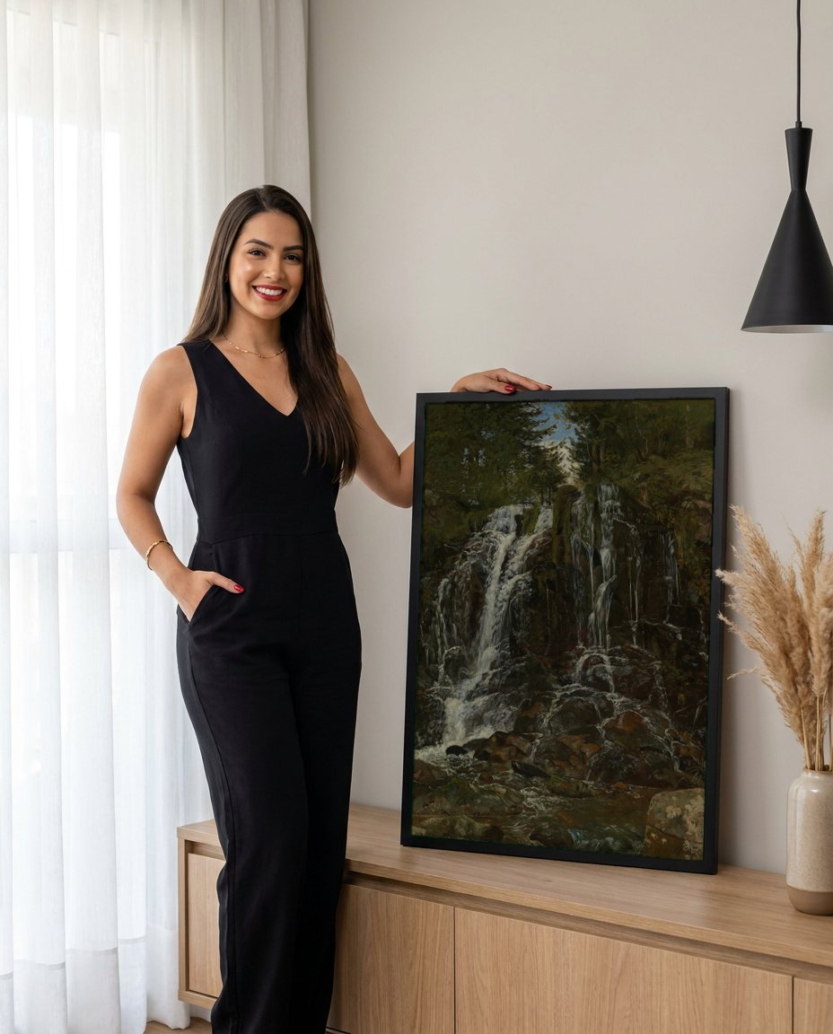 Quadro Decorativo A Cascata - Hans Thoma com modelo em ambiente