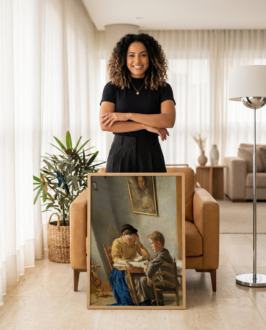 Quadro Decorativo Cena Íntima - Hans Thoma com modelo em ambiente