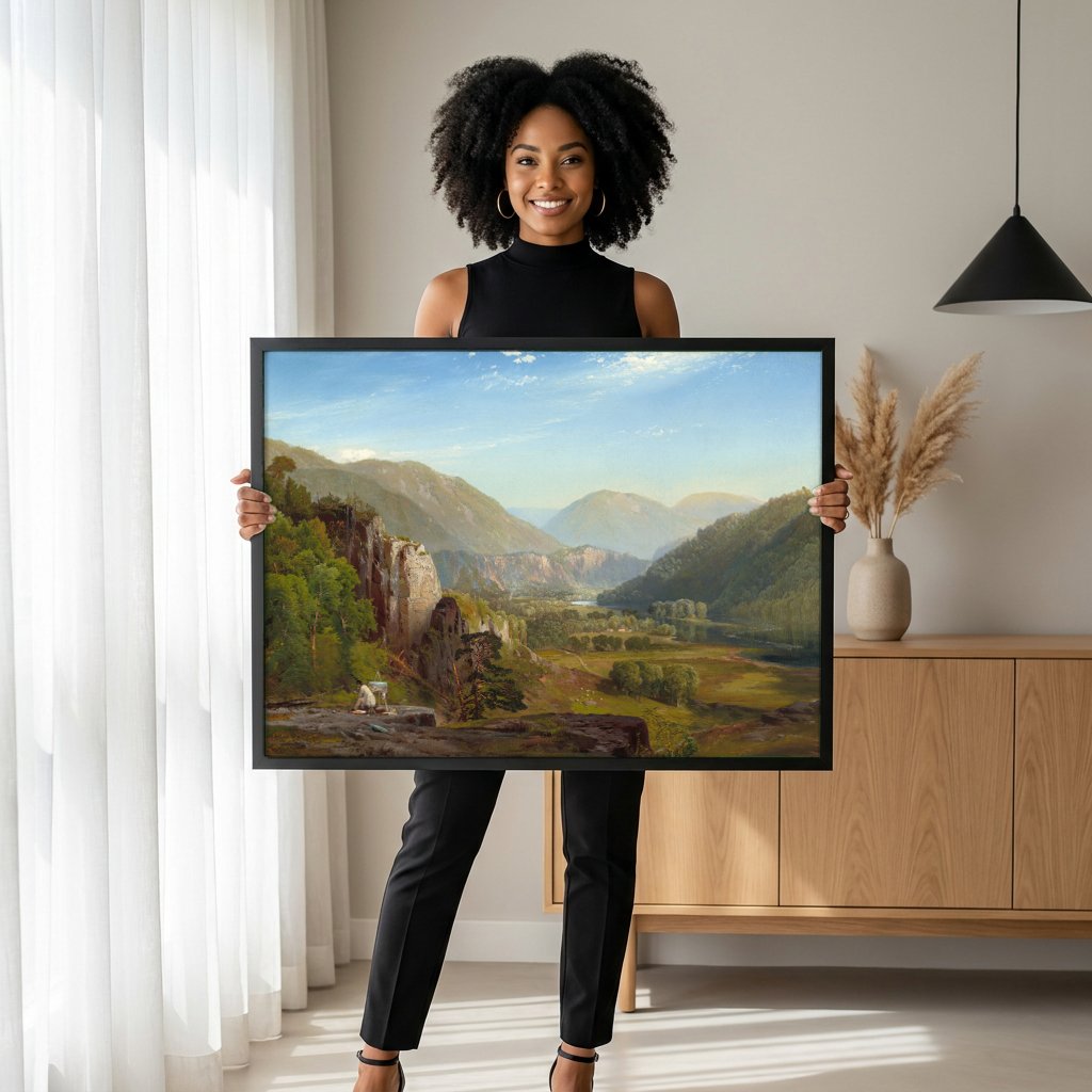 Quadro Decorativo Vale do Delaware - Thomas Moran com modelo em ambiente