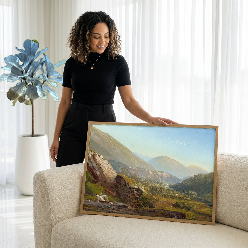 Quadro Decorativo Vale do Delaware - Thomas Moran com modelo em ambiente