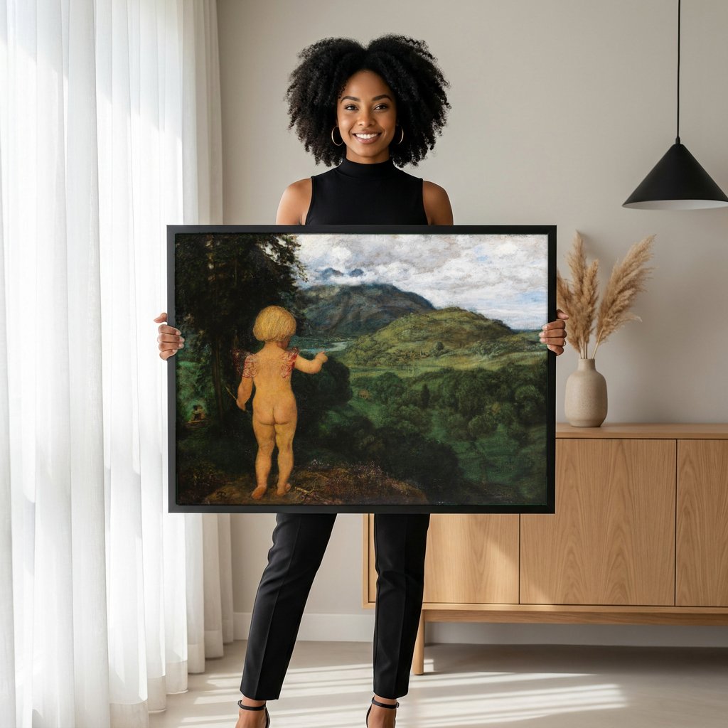 Quadro Decorativo O Cupido - Hans Thoma com modelo em ambiente
