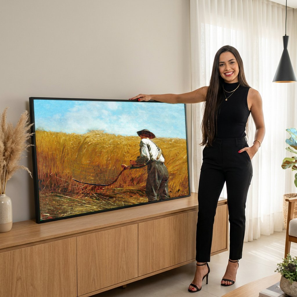 Quadro Decorativo O Segador - Winslow Homer com modelo em ambiente