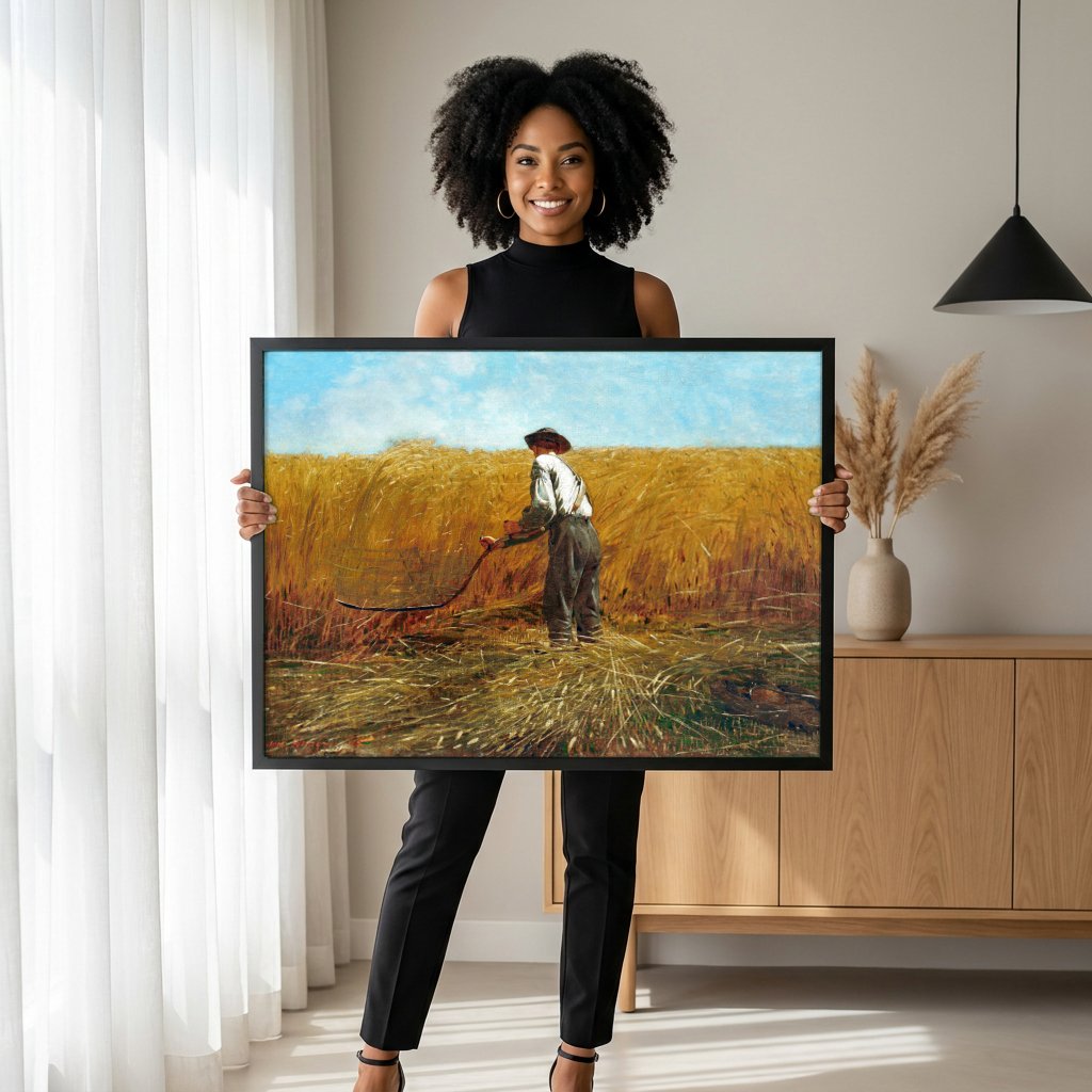 Quadro Decorativo O Segador - Winslow Homer com modelo em ambiente