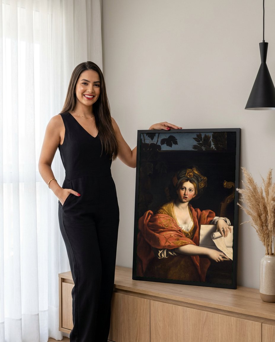 Quadro Decorativo A Sibila de Cumas - Domenichino com modelo em ambiente