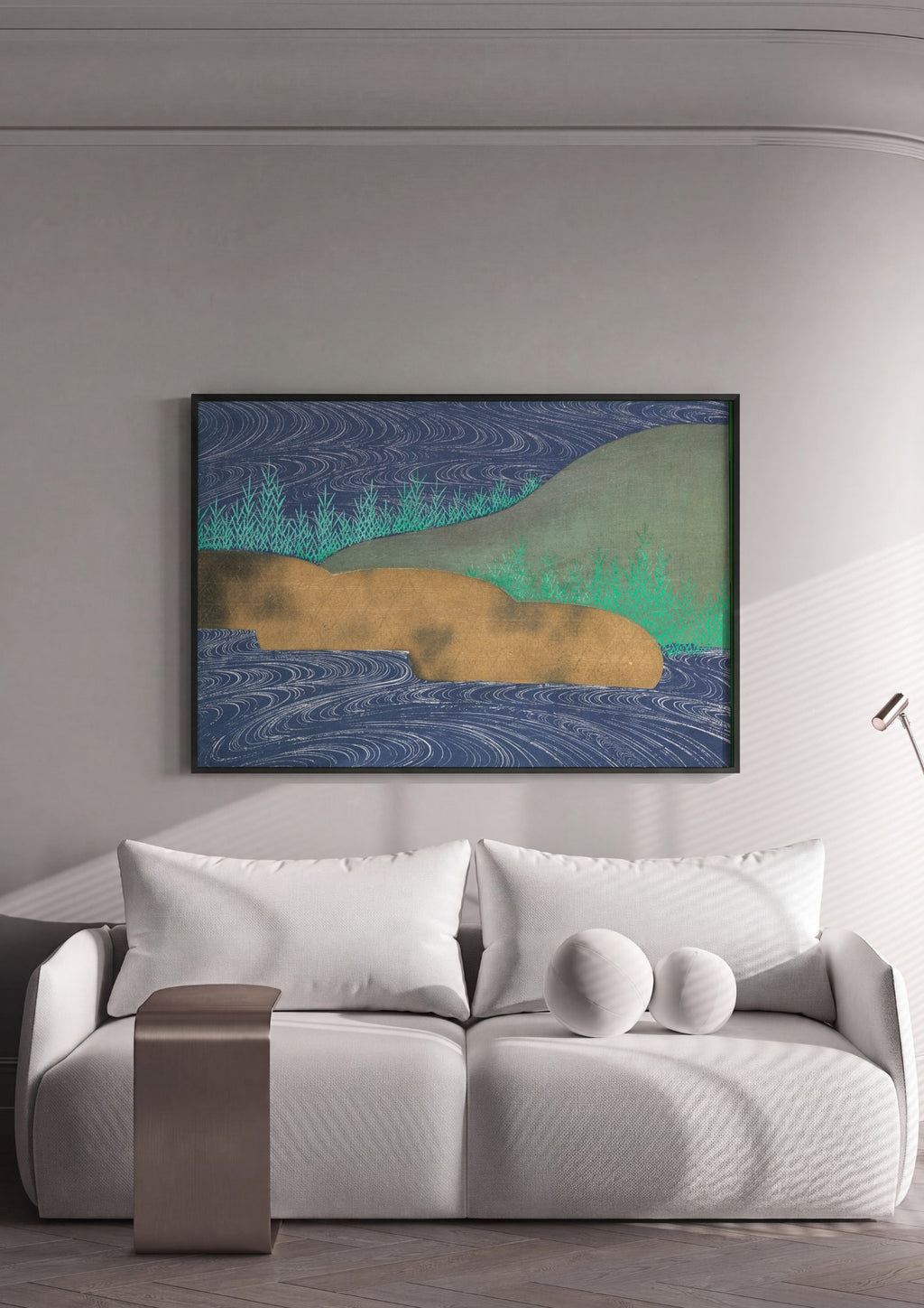 Quadro Decorativo 'Paisagem de Rio com Ondas' - Kamisaka Sekka em ambiente decorado