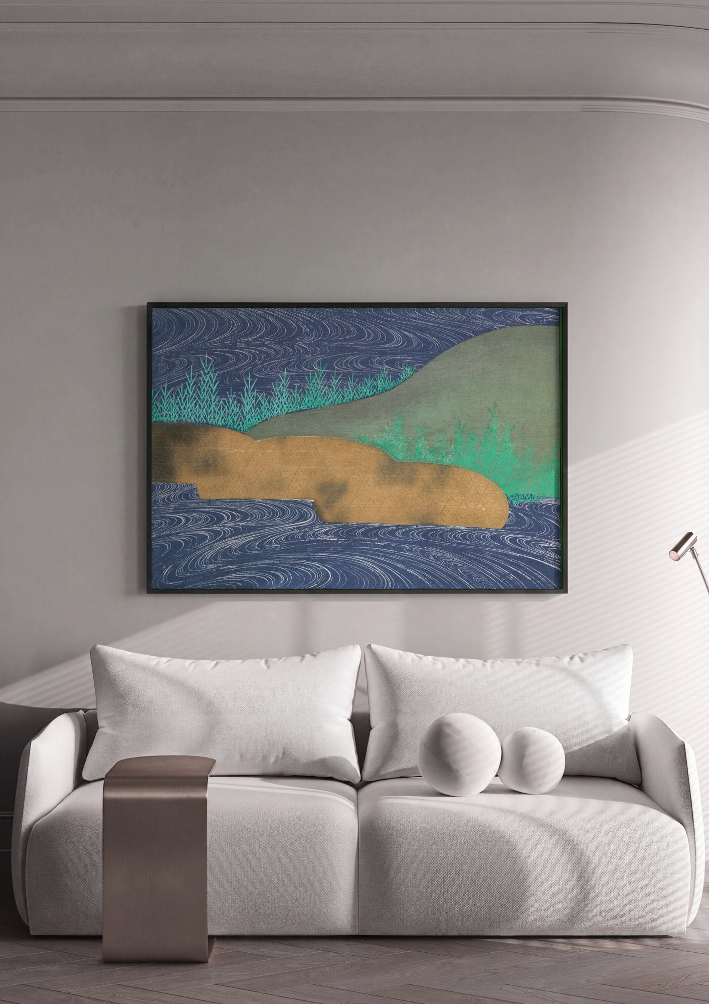 Quadro Decorativo 'Paisagem de Rio com Ondas' - Kamisaka Sekka em ambiente decorado