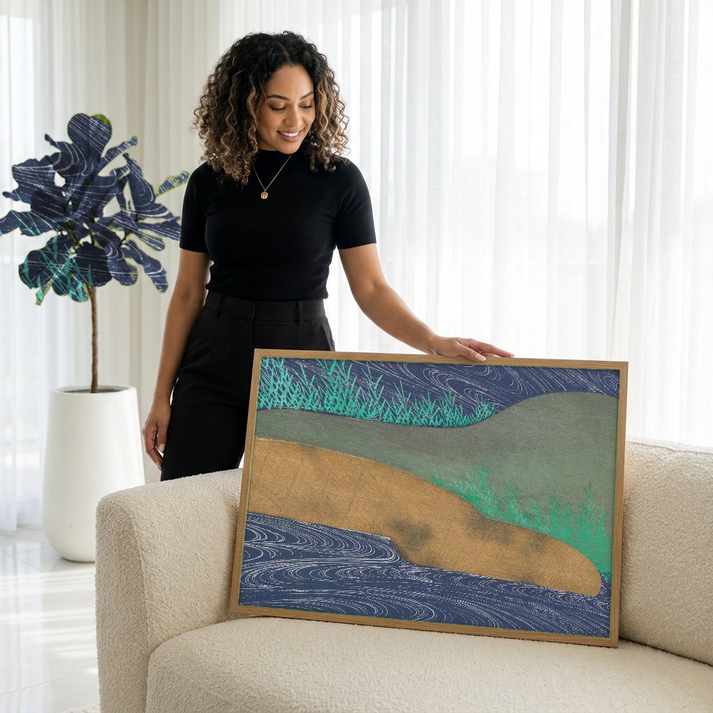 Quadro Decorativo 'Paisagem de Rio com Ondas' - Kamisaka Sekka com modelo em ambiente
