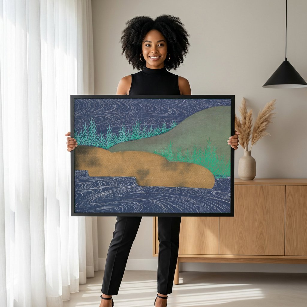 Quadro Decorativo 'Paisagem de Rio com Ondas' - Kamisaka Sekka com modelo em ambiente