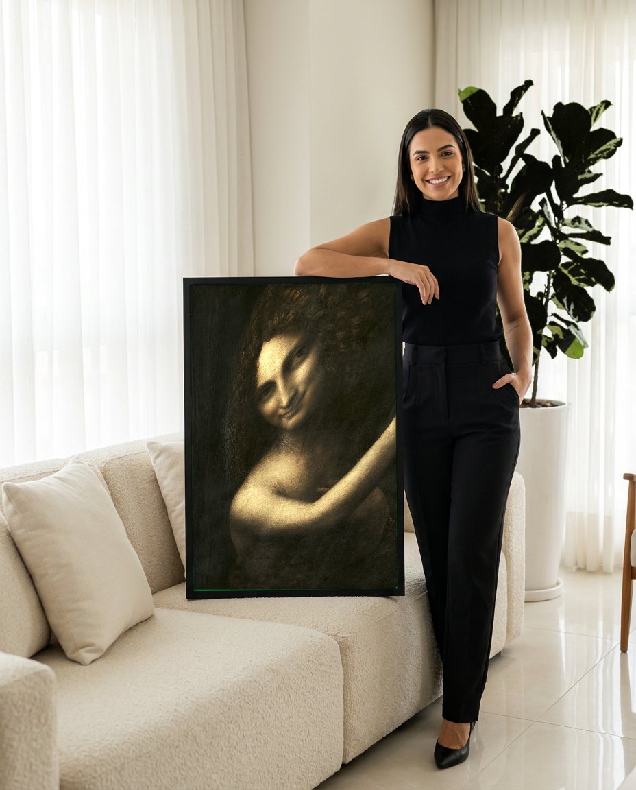 Quadro Decorativo São João Batista - Leonardo Da Vinci com modelo em ambiente