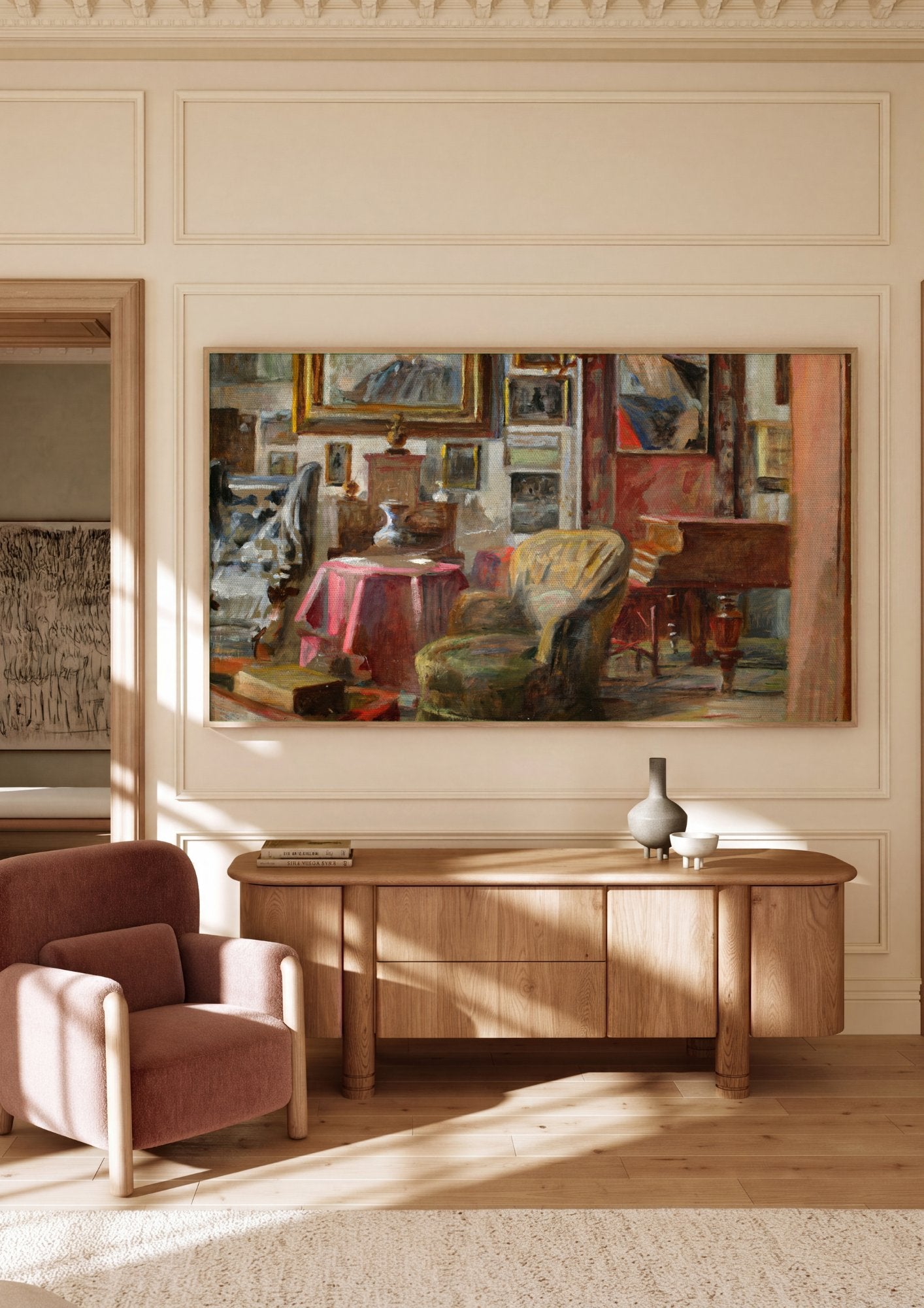 Quadro Decorativo Interior com Poltrona e Piano - Jacek Malczewski em ambiente decorado