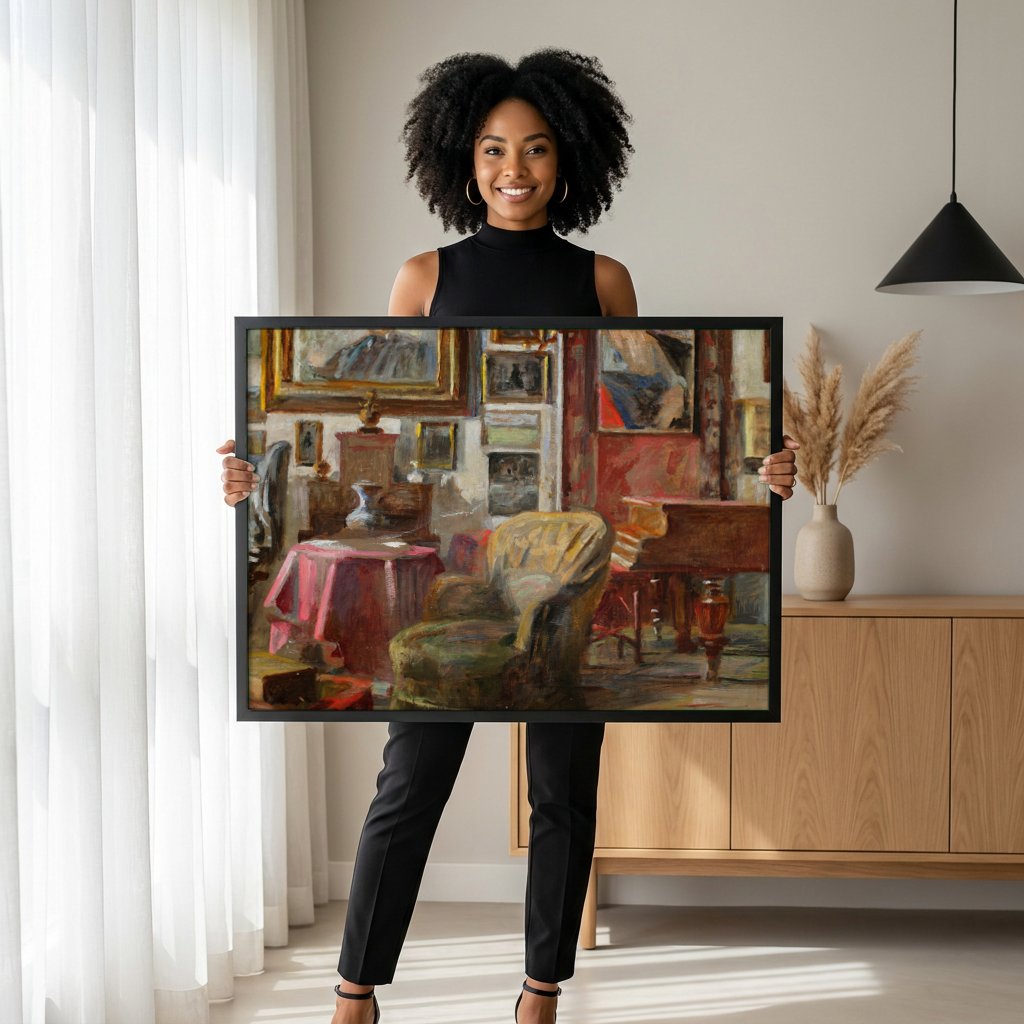 Quadro Decorativo Interior com Poltrona e Piano - Jacek Malczewski com modelo em ambiente