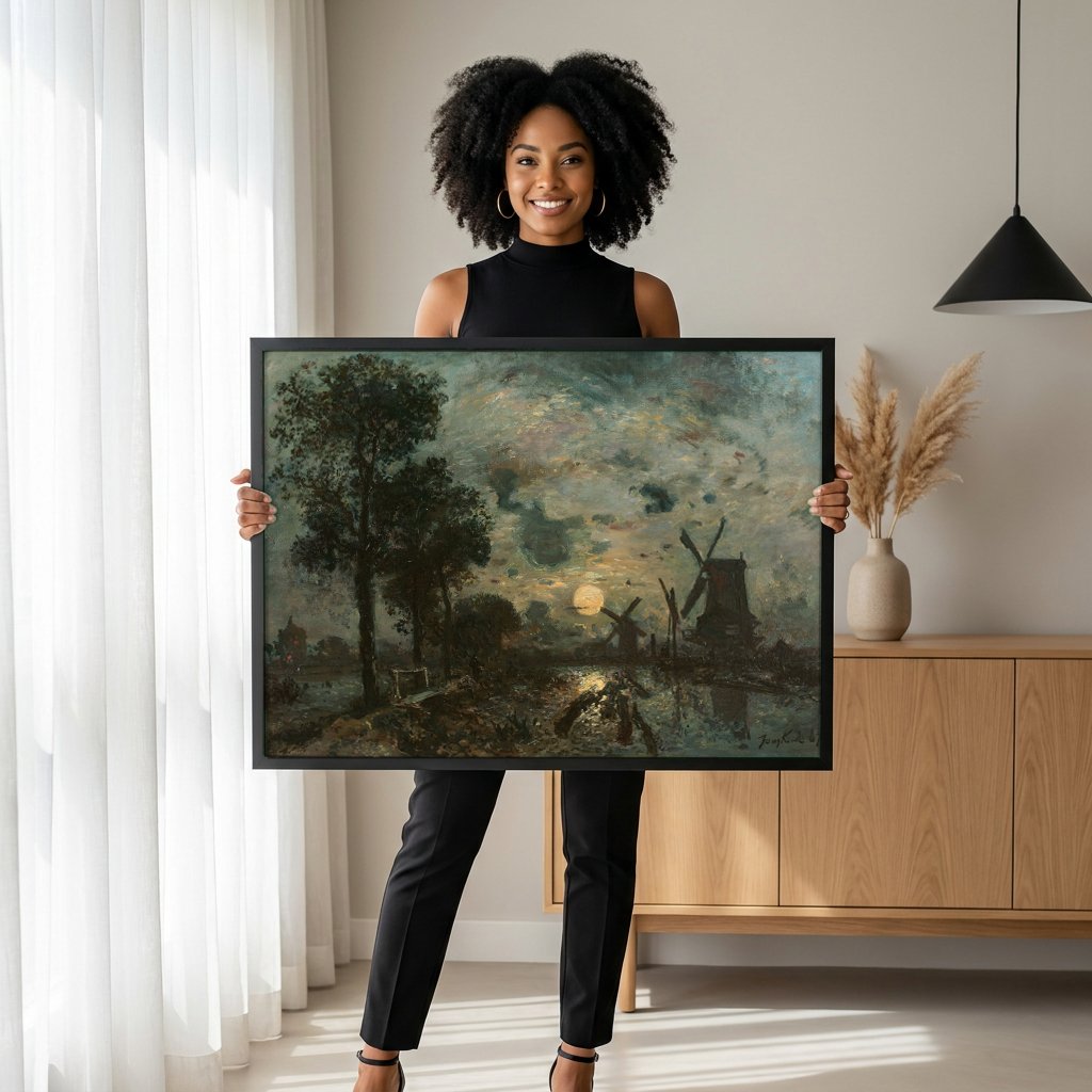 Quadro Decorativo Moinhos sob a Lua - Jongkind com modelo em ambiente