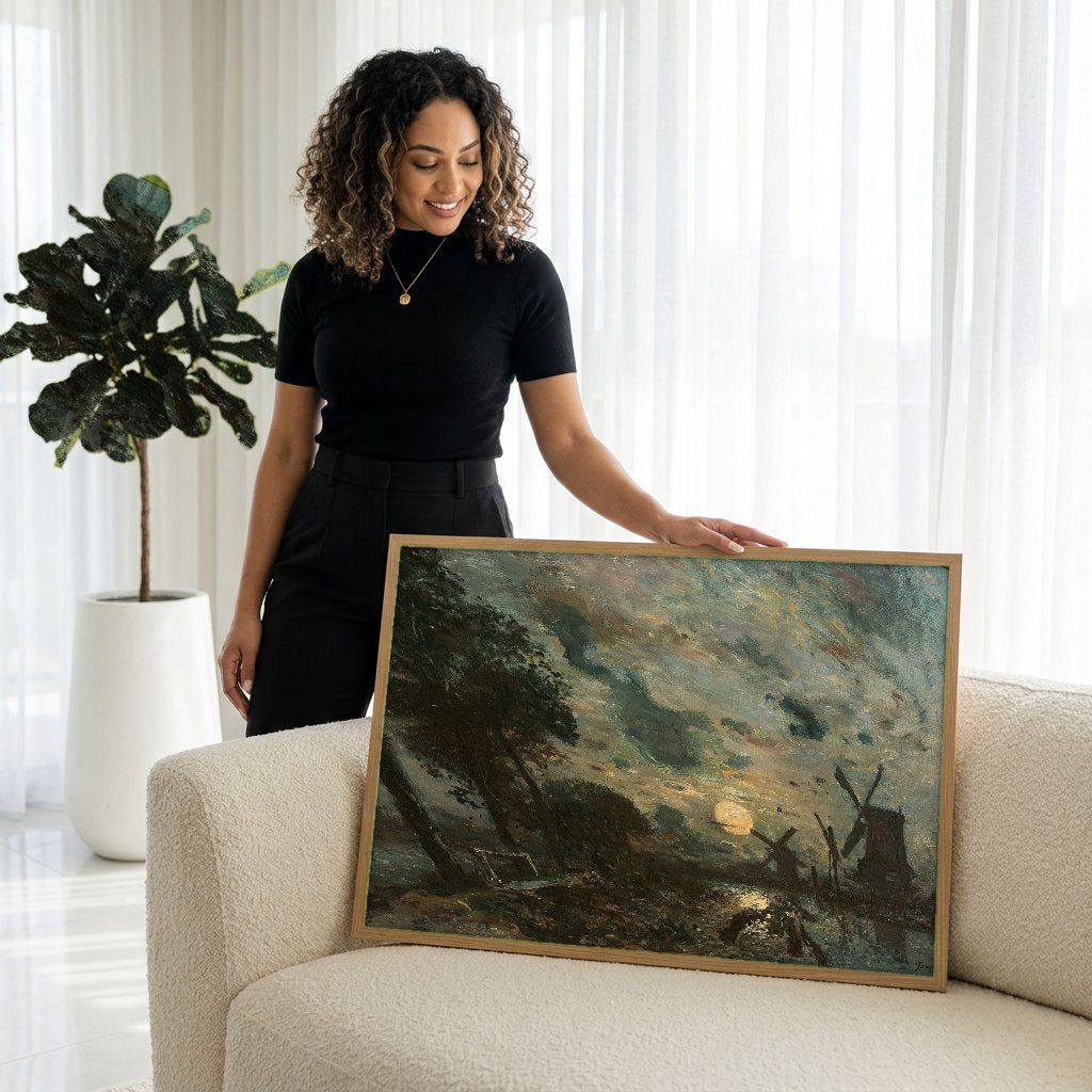 Quadro Decorativo Moinhos sob a Lua - Jongkind com modelo em ambiente