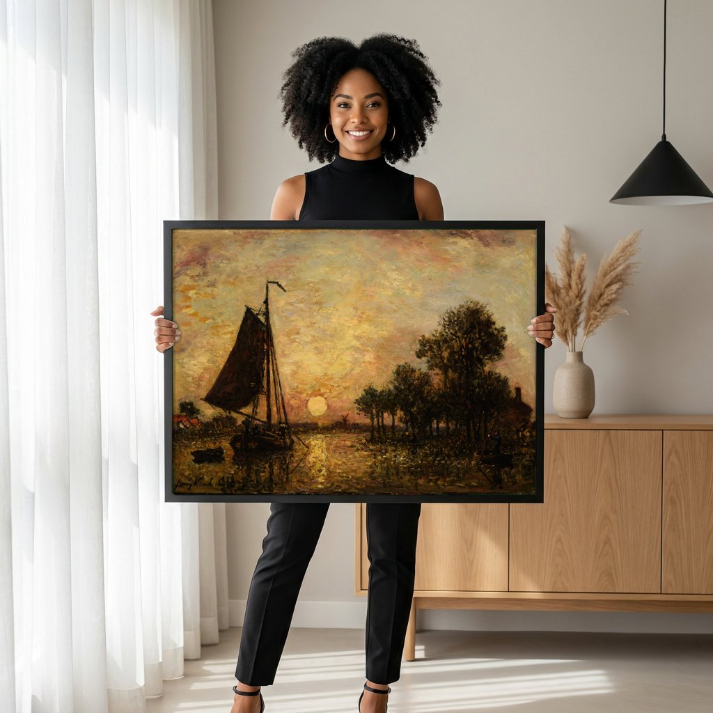 Quadro Decorativo Pôr do Sol no Rio - Jongkind com modelo em ambiente