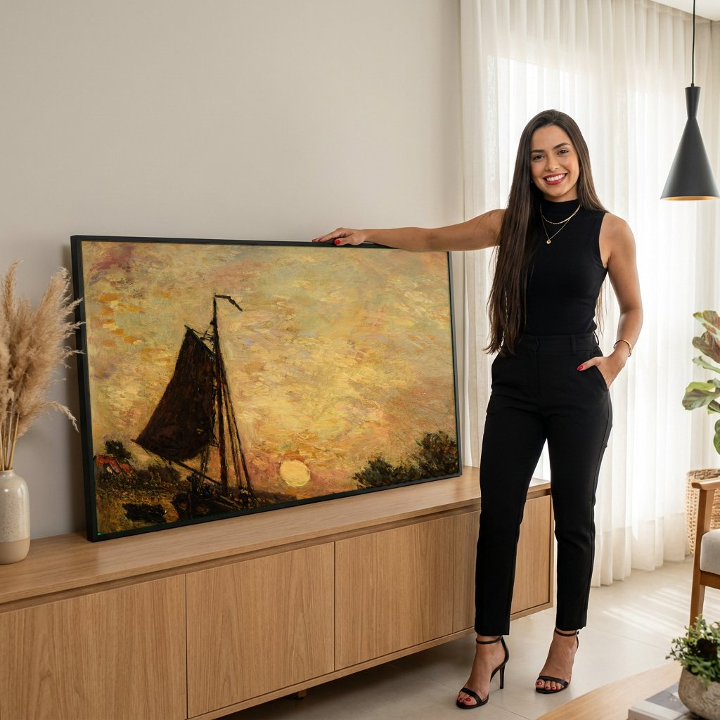 Quadro Decorativo Pôr do Sol no Rio - Jongkind com modelo em ambiente