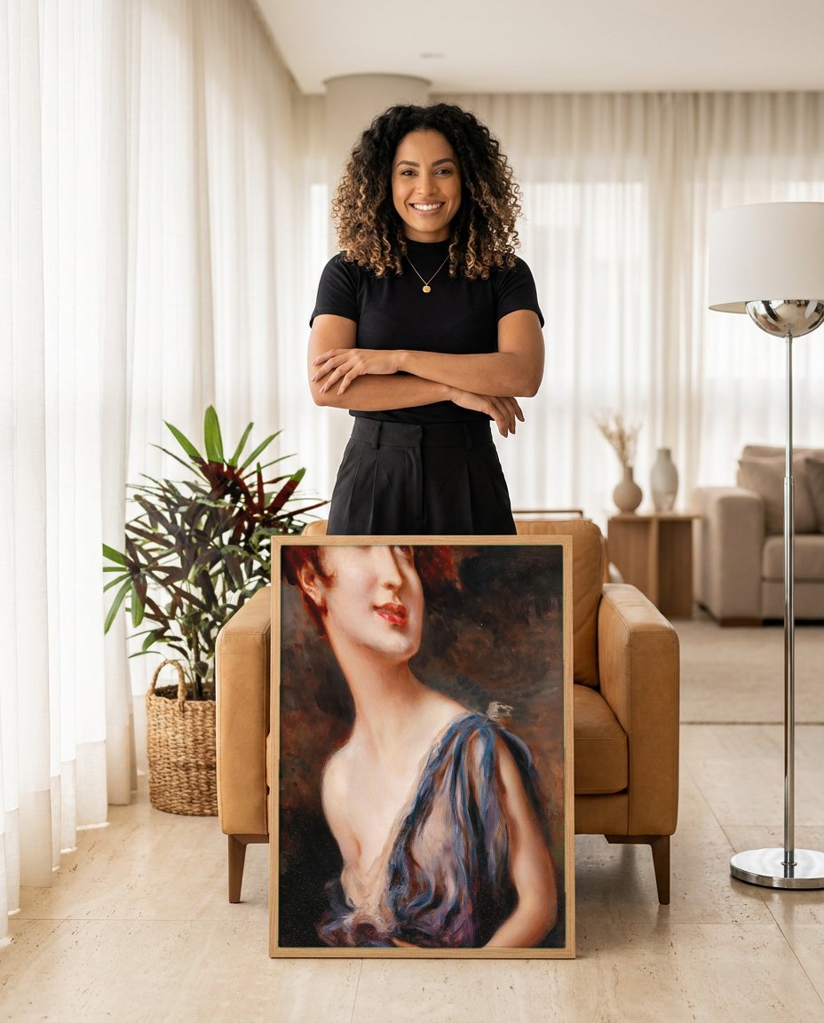 Quadro Decorativo Retrato Feminino - Leopold Schmutzler com modelo em ambiente