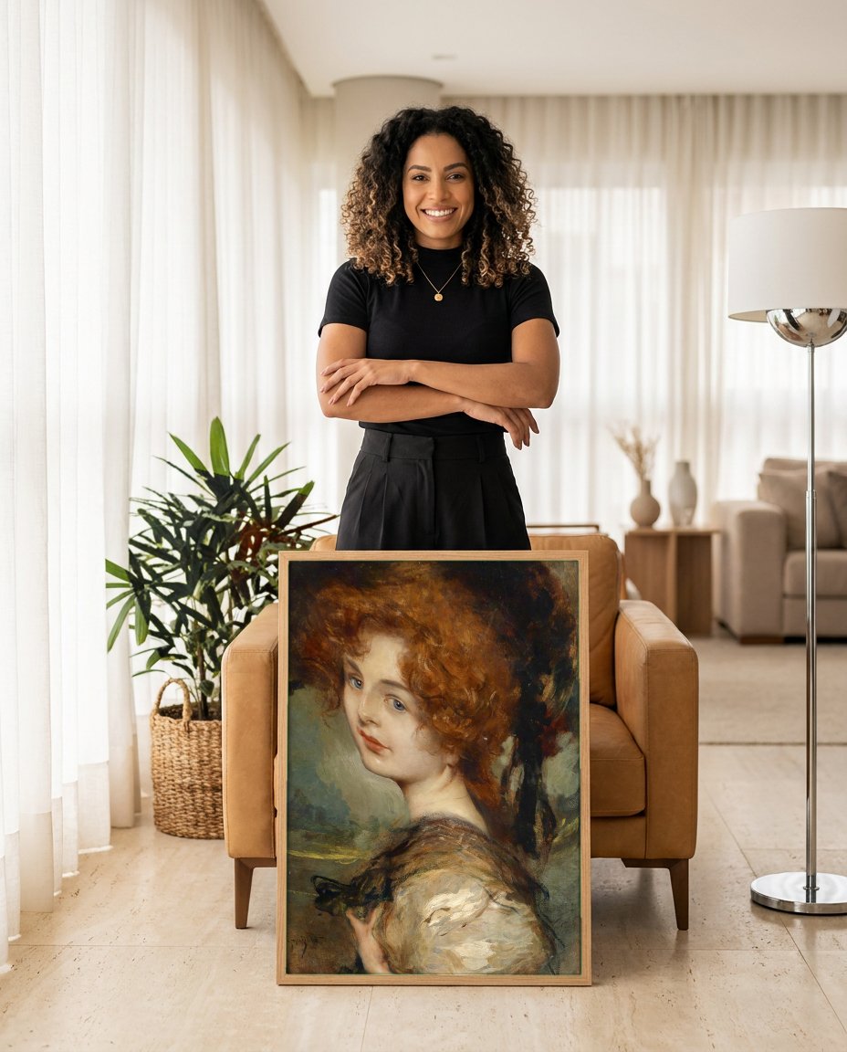 Quadro Decorativo A Dama do Chapéu - Leopold Schmutzler com modelo em ambiente