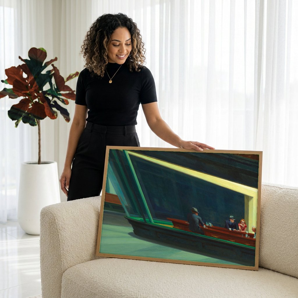 Quadro Decorativo Nighthawks - Edward Hopper com modelo em ambiente