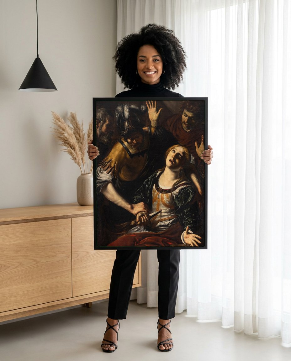 Quadro Decorativo A Morte de Lucrécia - Orazio Borgianni com modelo em ambiente