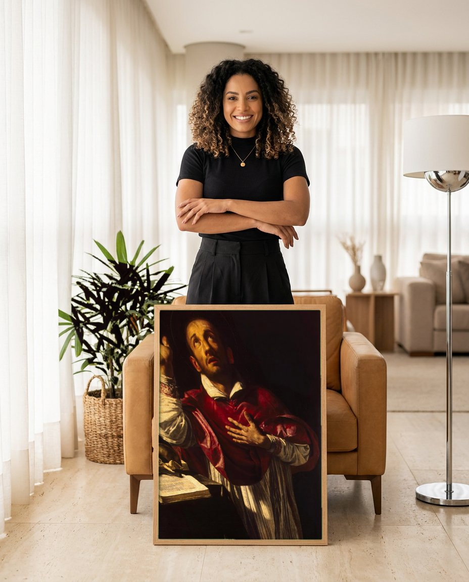 Quadro Decorativo São Carlos Borromeu - Orazio Borgianni com modelo em ambiente