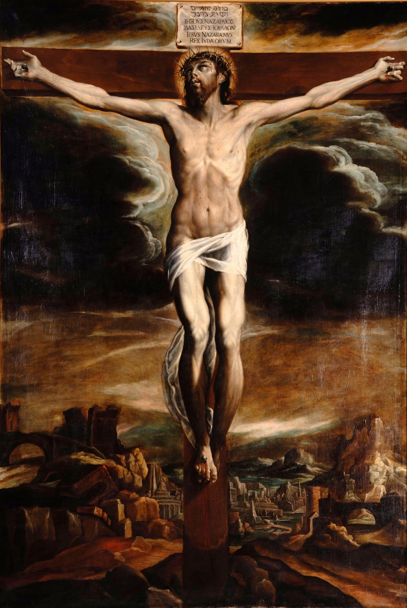 Pintura barroca de Orazio Borgianni, 'A Crucificação de Cristo', mostrando Jesus na cruz com corpo magro, coroa de espinhos, ao fundo céu dramático e paisagem rochosa com ruínas.