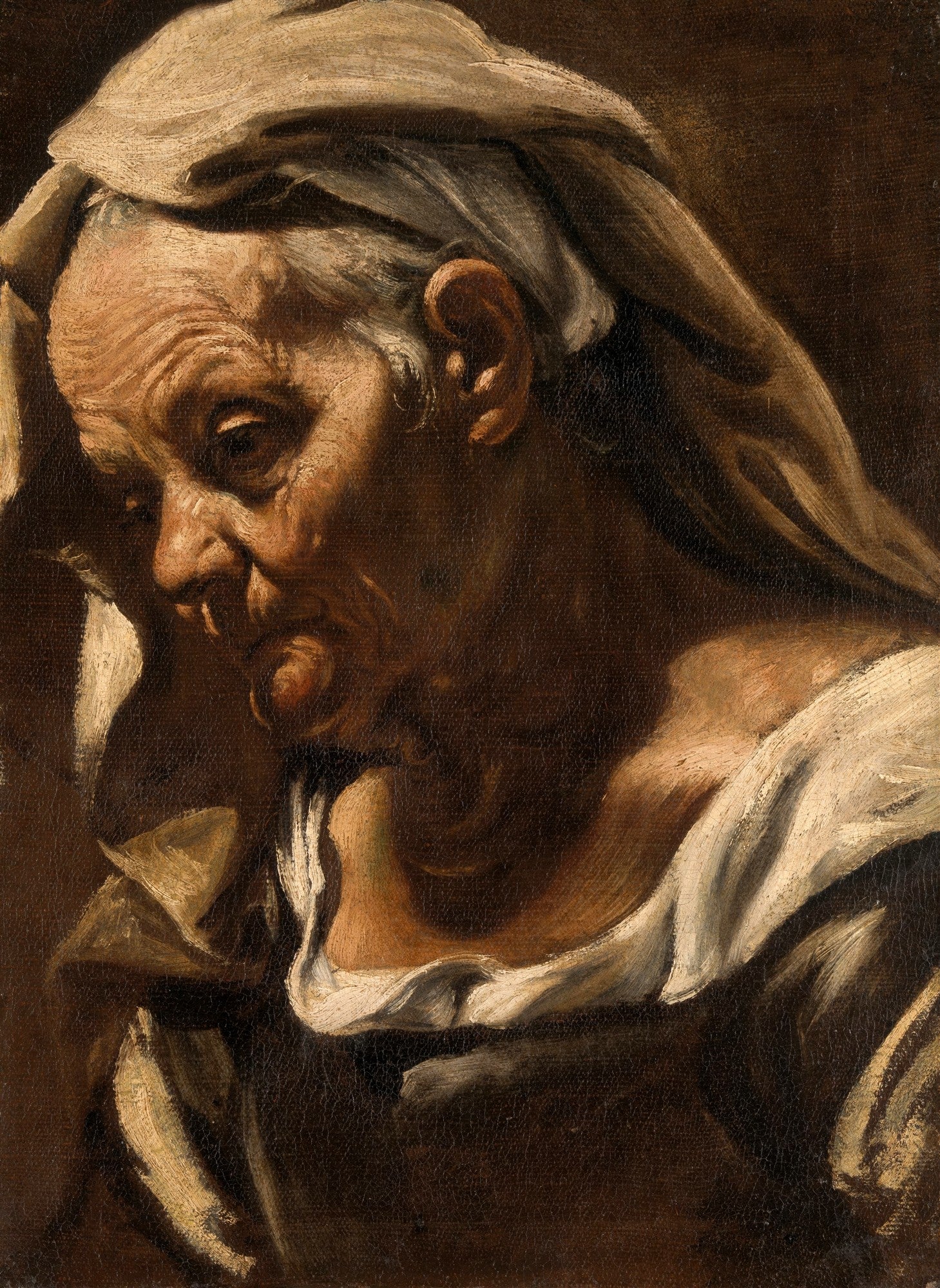 Pintura a óleo de Orazio Borgianni retratando o busto de uma mulher idosa com véu branco, em tons escuros e iluminação dramática.