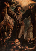Quadro decorativo mostrando São Francisco de Assis em êxtase, com os braços erguidos para o céu, em uma paisagem escura e rochosa, com um anjo ou figura secundária em segundo plano. A luz dramática realça sua expressão de fervor espiritual.