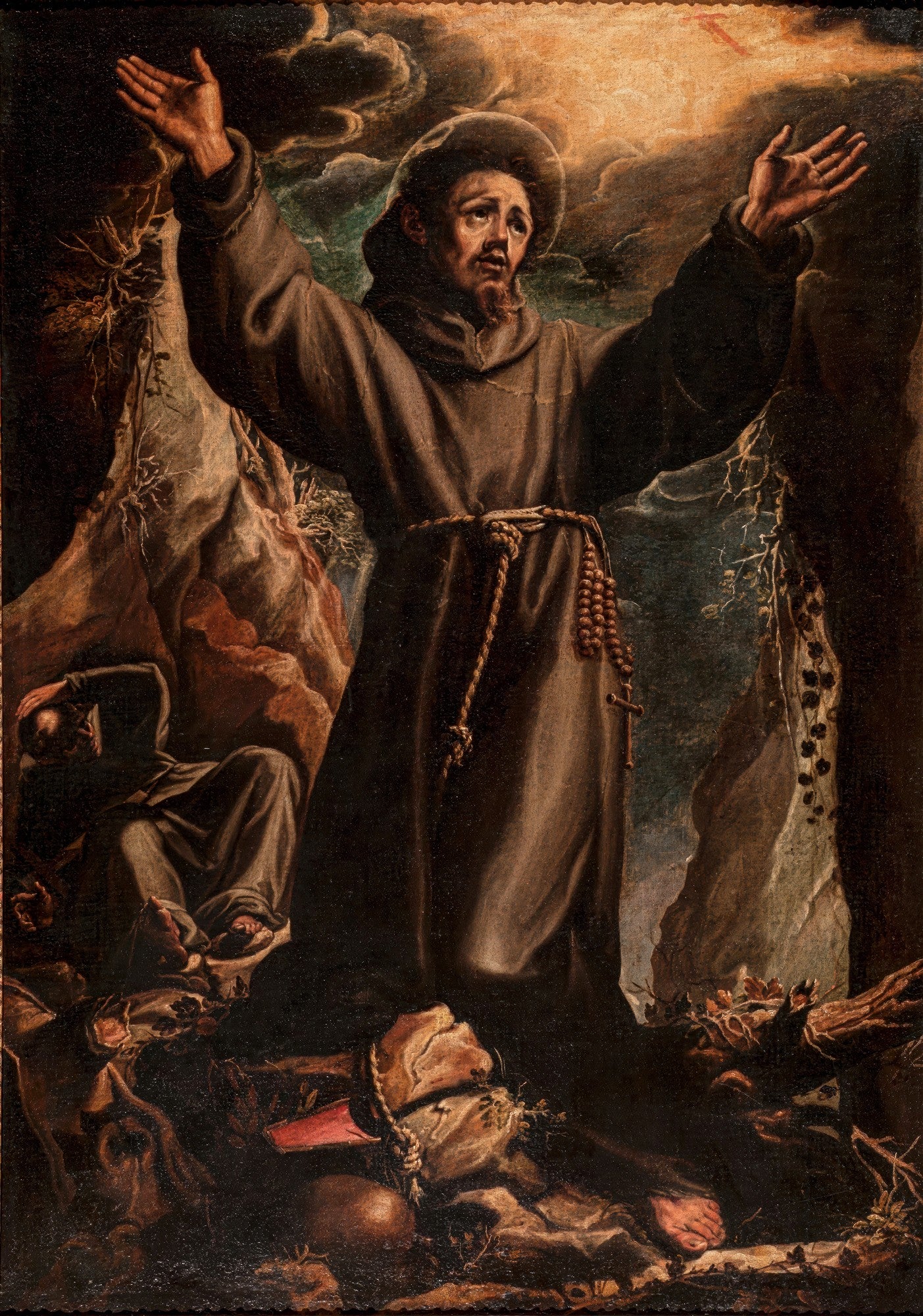 Quadro decorativo mostrando São Francisco de Assis em êxtase, com os braços erguidos para o céu, em uma paisagem escura e rochosa, com um anjo ou figura secundária em segundo plano. A luz dramática realça sua expressão de fervor espiritual.