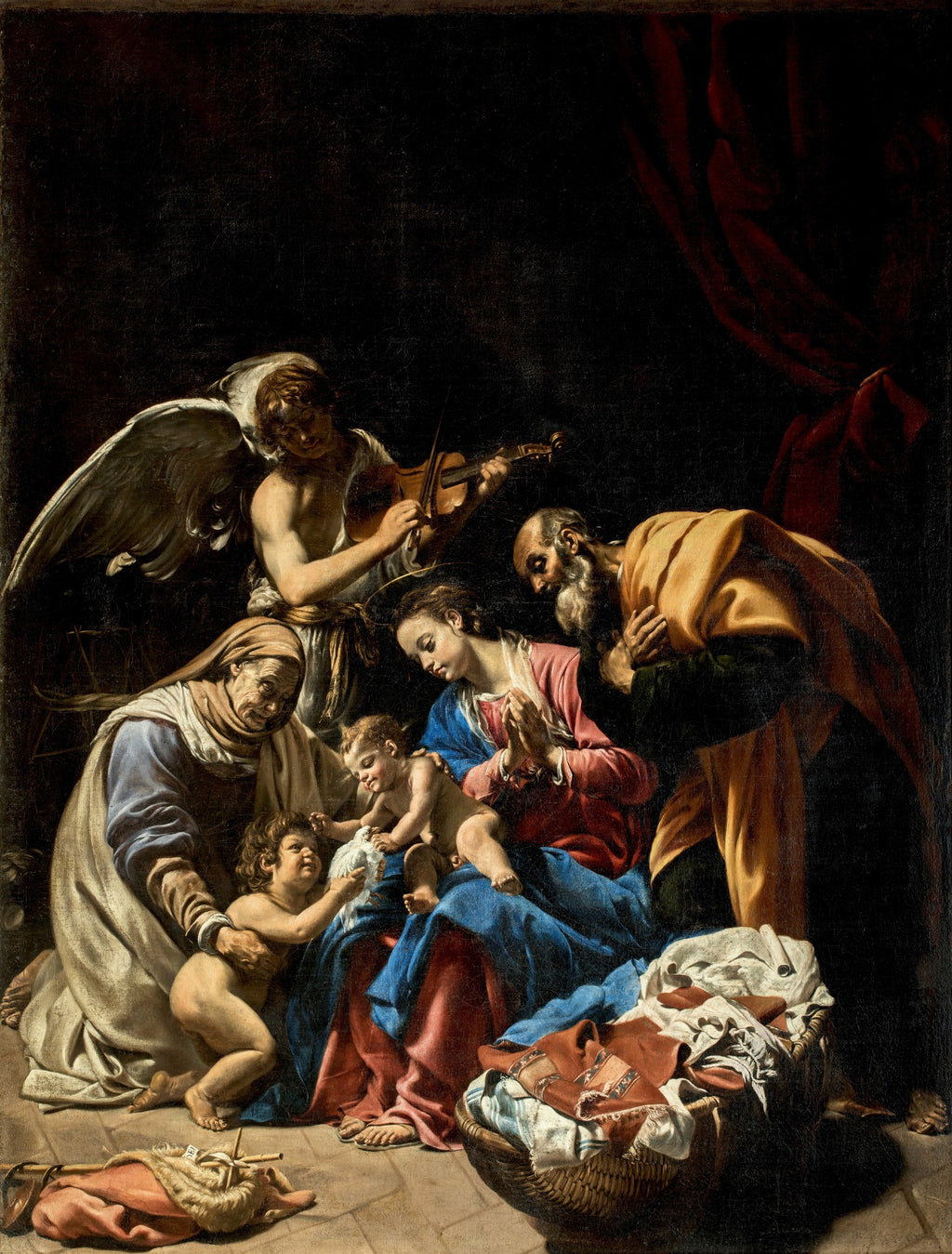 Quadro decorativo mostrando a Sagrada Família com Santa Isabel e São João Batista, com um anjo tocando violino ao fundo, em estilo barroco com contrastes de luz e sombra.