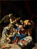 Quadro decorativo mostrando a Sagrada Família com Santa Isabel e São João Batista, com um anjo tocando violino ao fundo, em estilo barroco com contrastes de luz e sombra.