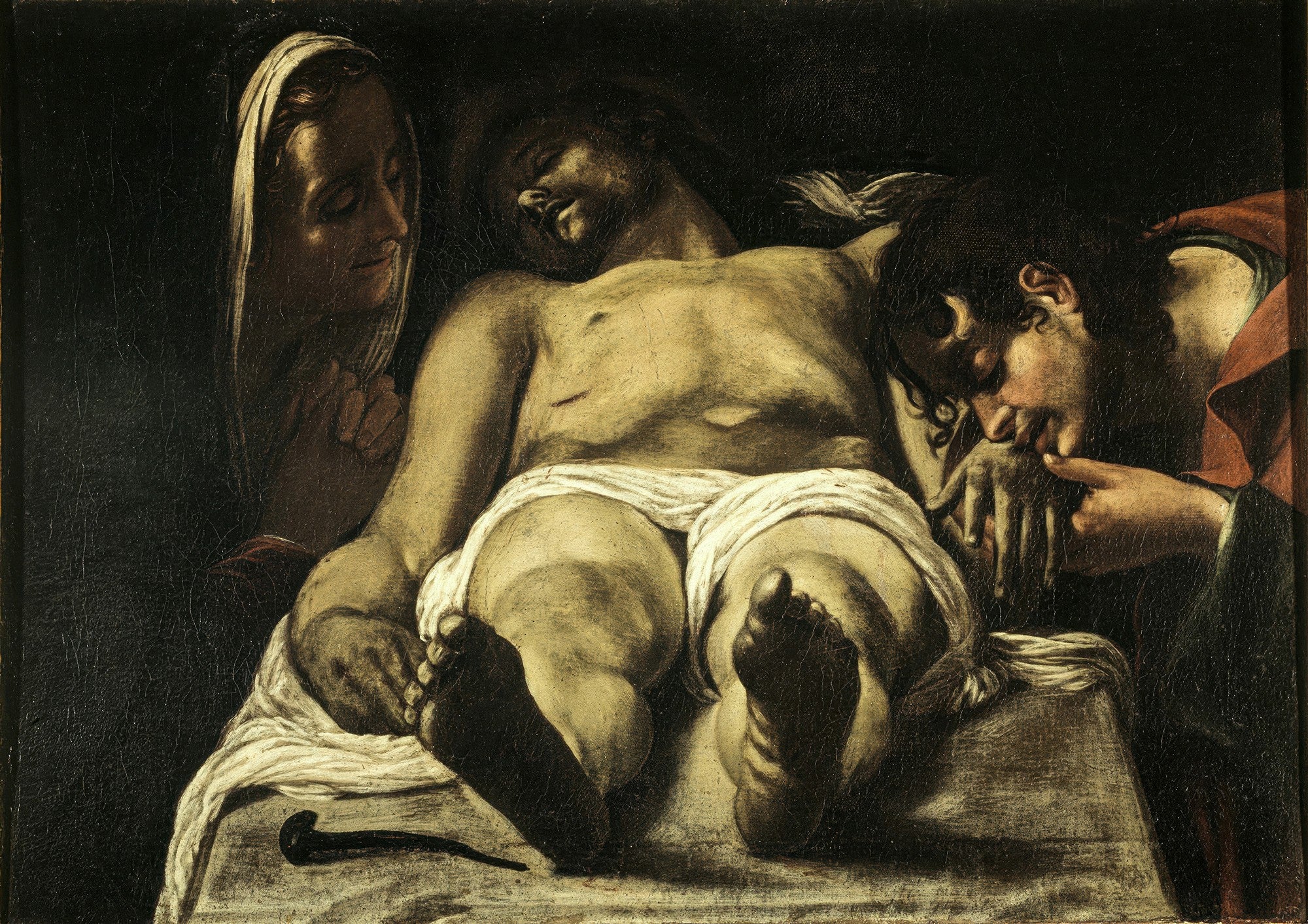 Quadro decorativo detalhando a 'Lamentação sobre Cristo Morto' de Orazio Borgianni, mostrando a Virgem Maria e São João Evangelista em sofrimento ao lado do corpo de Cristo, com iluminação dramática.