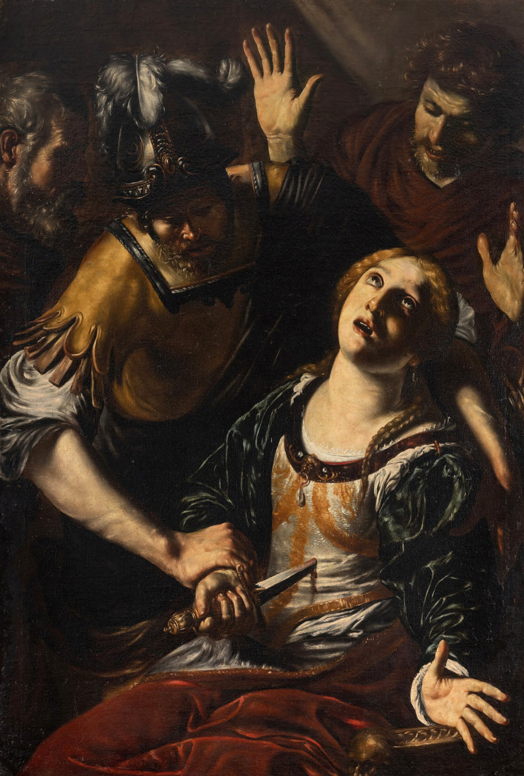 Pintura barroca de Orazio Borgianni, 'A Morte de Lucrécia', com uma mulher esfaqueando-se enquanto homens ao redor expressam horror e desespero, em tons escuros e dramáticos.