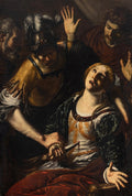 Pintura barroca de Orazio Borgianni, 'A Morte de Lucrécia', com uma mulher esfaqueando-se enquanto homens ao redor expressam horror e desespero, em tons escuros e dramáticos.