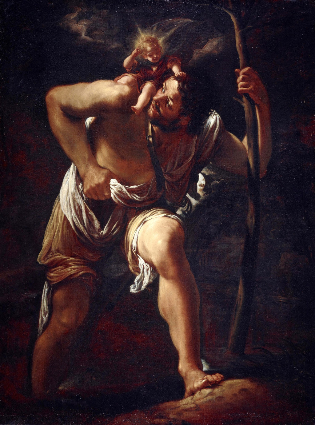 Pintura barroca escura de Orazio Borgianni retratando São Cristóvão musculoso carregando o Menino Jesus em seus ombros, com uma auréola luminosa.