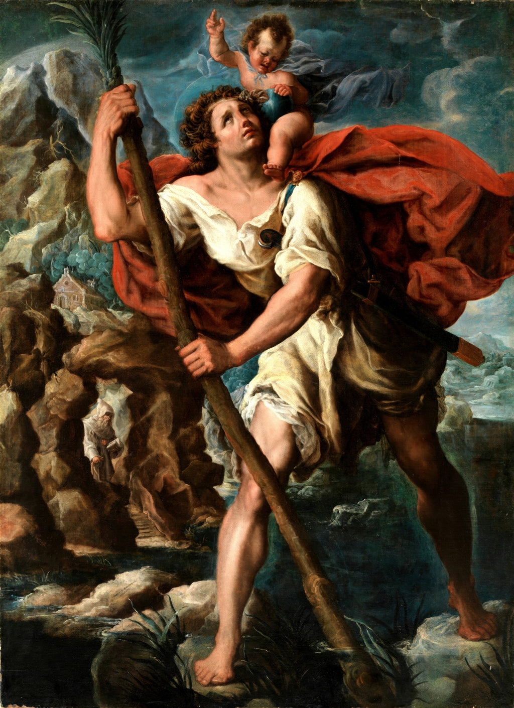 Pintura a óleo de Orazio Borgianni, São Cristóvão Carregando o Menino Jesus, com figura masculina robusta e criança em seu ombro, em cenário rochoso e aquático sob um céu dramático.