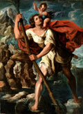 Pintura a óleo de Orazio Borgianni, São Cristóvão Carregando o Menino Jesus, com figura masculina robusta e criança em seu ombro, em cenário rochoso e aquático sob um céu dramático.