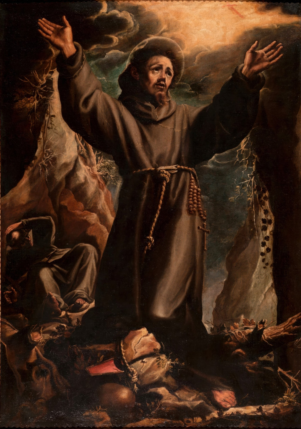 Pintura a óleo de São Francisco de Assis em oração, com os braços erguidos para o céu, em um cenário escuro e dramático, atribuída a Orazio Borgianni.