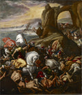 Pintura a óleo barroca de Orazio Borgianni, 'A Batalha de Lepanto', retratando uma cena de batalha naval intensa com soldados, cavalos e barcos em um cenário dramático com rochas e céu tempestuoso.