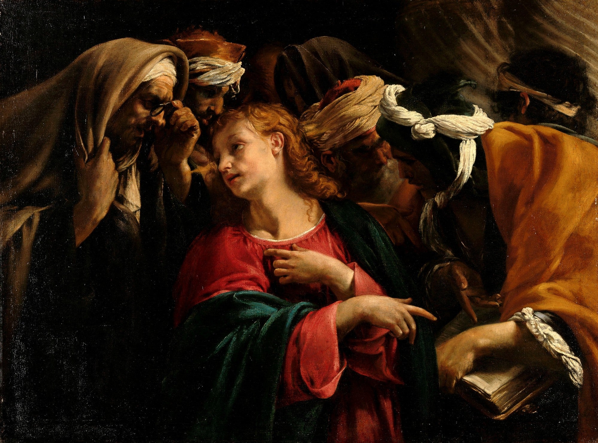Quadro decorativo com a pintura 'Jesus Discutindo com os Doutores' de Orazio Borgianni, mostrando um jovem Jesus com cabelos ruivos em destaque, cercado por figuras mais velhas com turbantes e vestes escuras, sob iluminação dramática que realça os rostos e gestos.