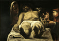 Pintura a óleo atribuída a Orazio Borgianni, intitulada 'Lamentação de Cristo'. A cena mostra Cristo morto, deitado sobre um pano branco, com uma mulher ajoelhada à sua esquerda, em oração, e um homem, possivelmente São João, beijando sua mão à direita. A iluminação dramática realça os corpos e rostos contra um fundo escuro, com um prego no canto inferior esquerdo.