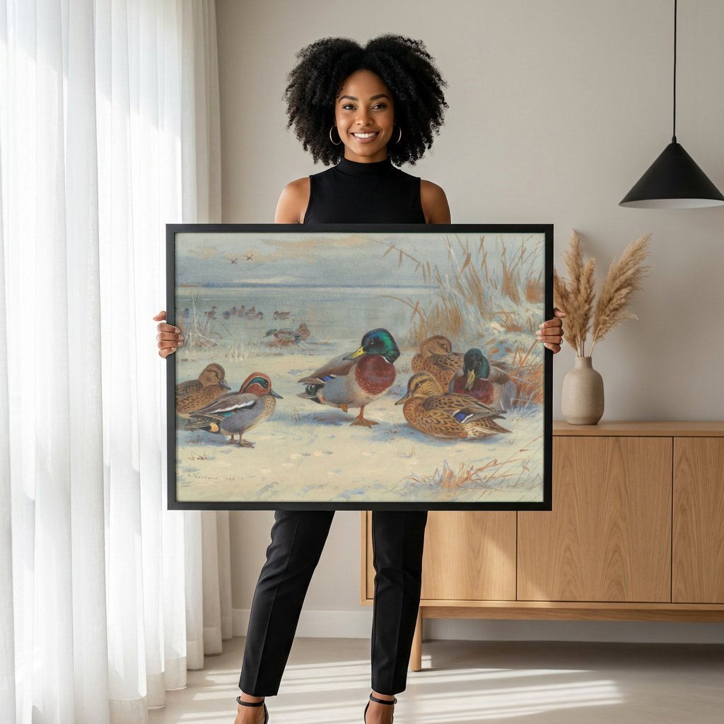 Quadro Decorativo Patos no Inverno - Thorburn com modelo em ambiente