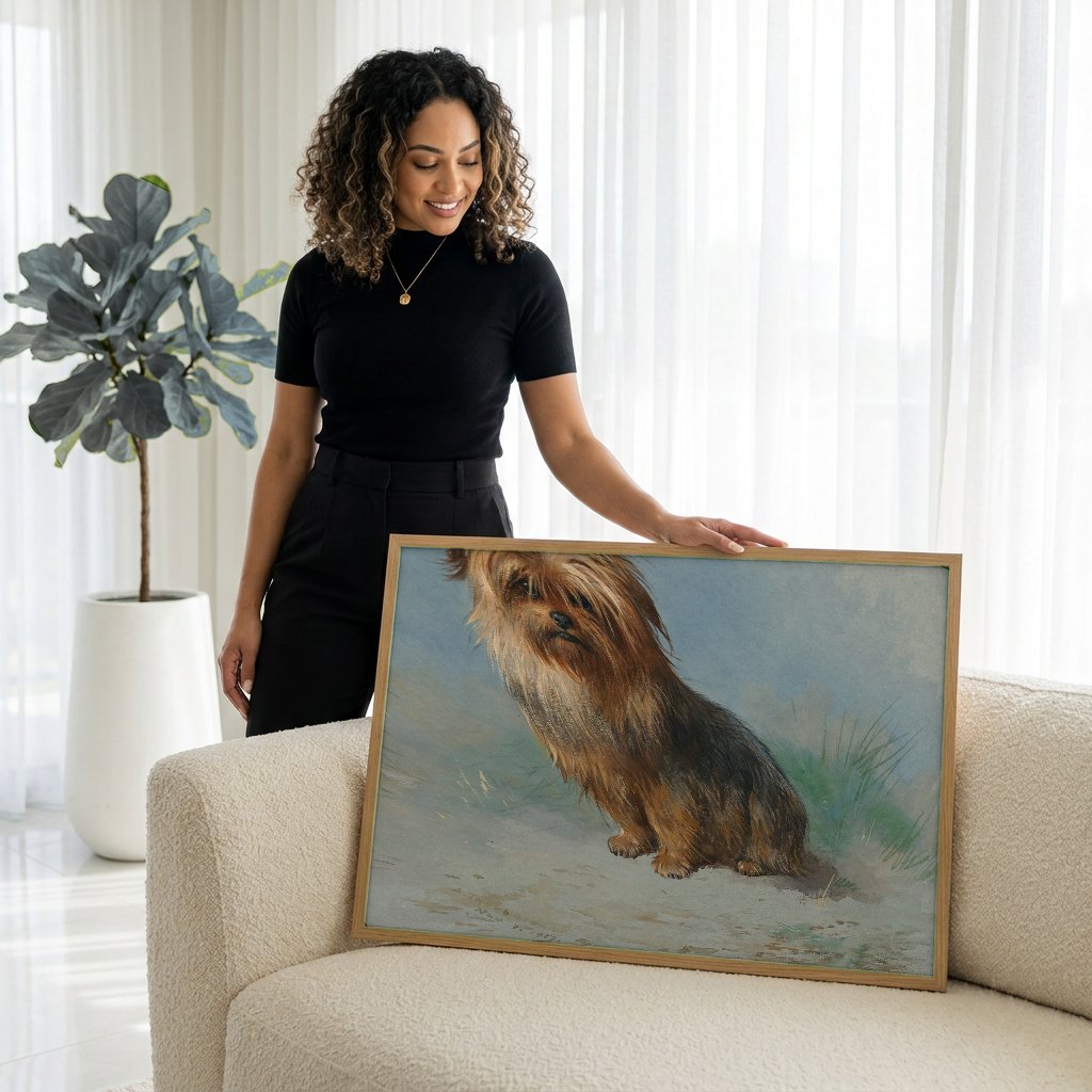 Quadro Decorativo Cão Terrier Fofo - Thorburn com modelo em ambiente