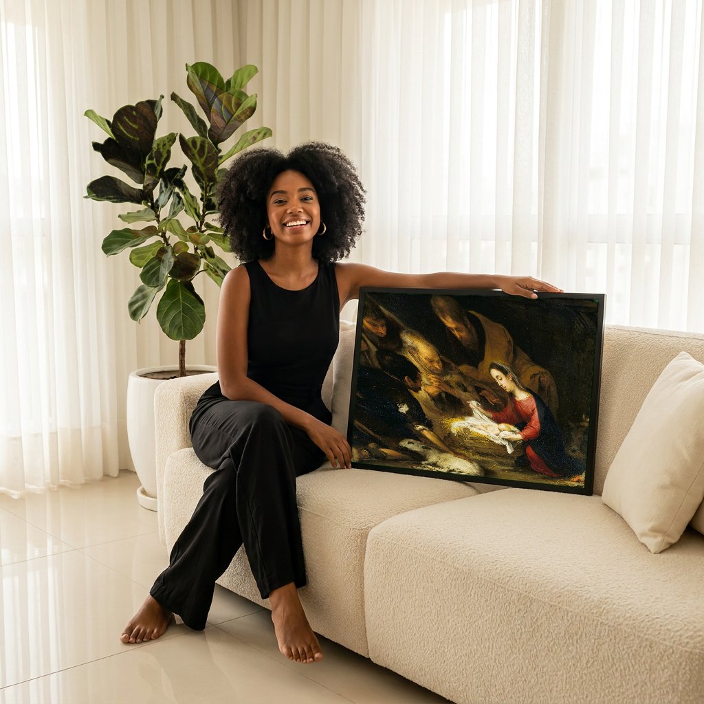 Quadro Decorativo A Adoração dos Pastores – Murillo com modelo em ambiente