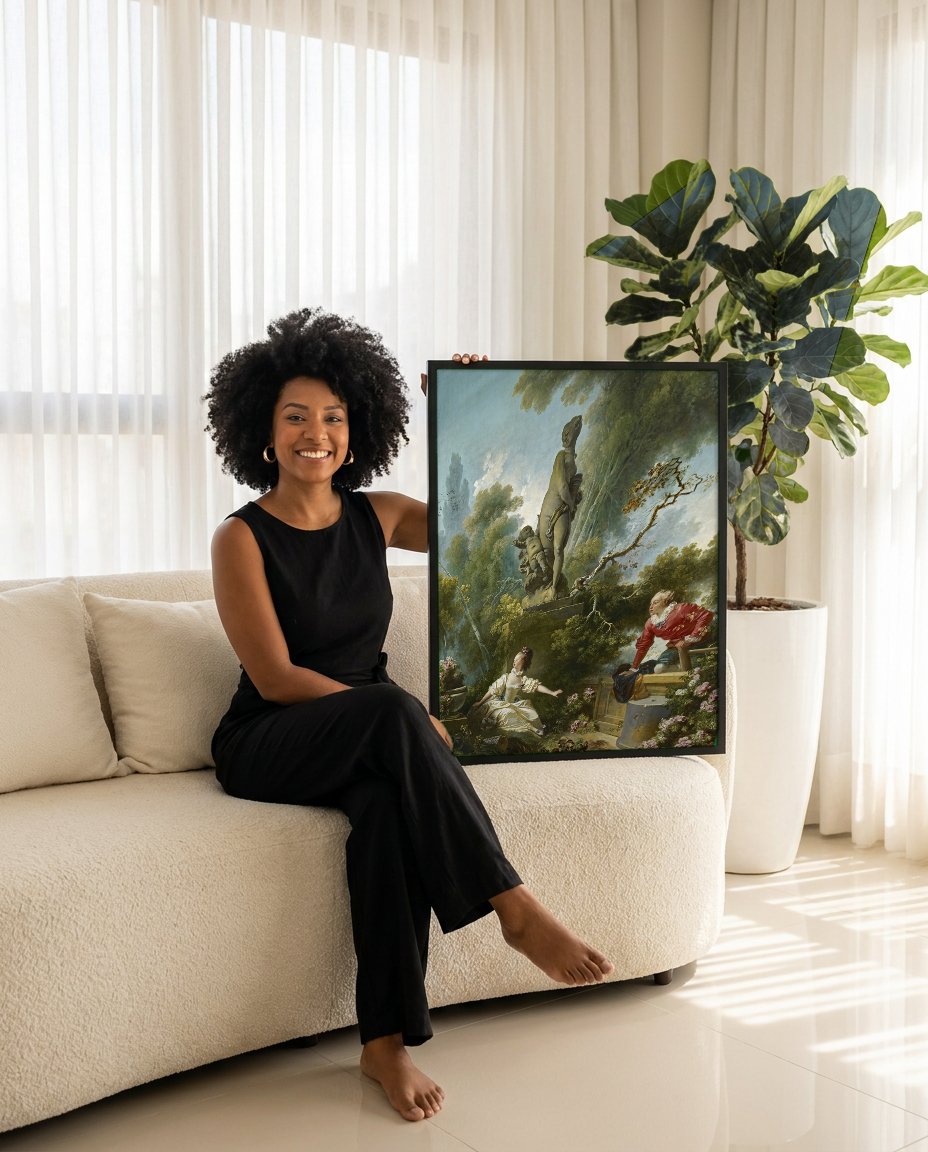 Quadro Decorativo O Balanço - Jean Honoré Fragonard com modelo em ambiente