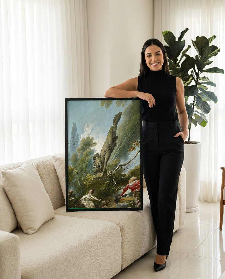 Quadro Decorativo O Balanço - Jean Honoré Fragonard com modelo em ambiente