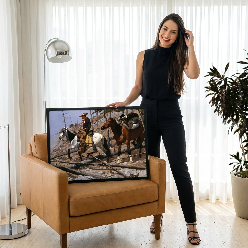 Quadro Decorativo A Patrulha de Batedores - Frederic Remington com modelo em ambiente