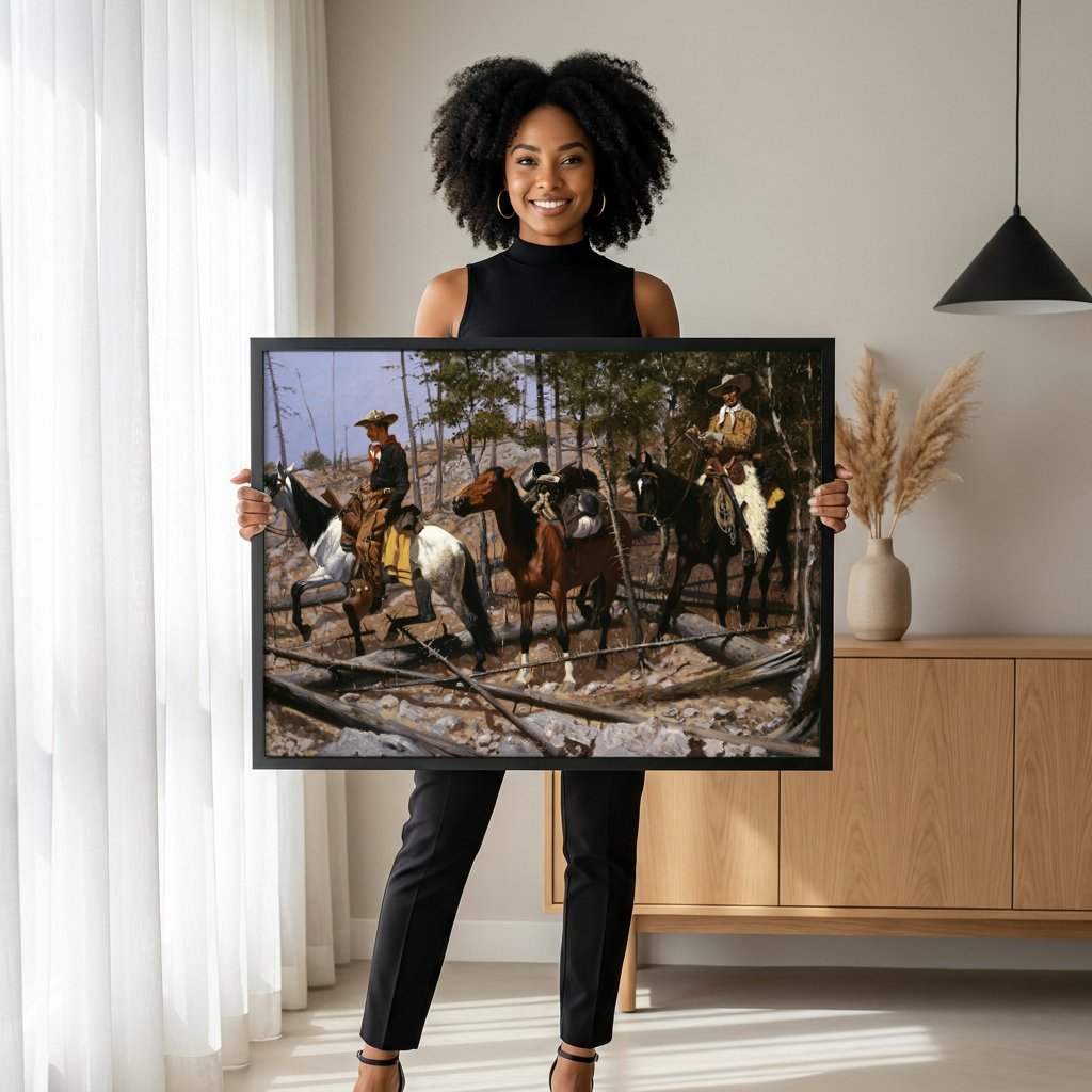 Quadro Decorativo A Patrulha de Batedores - Frederic Remington com modelo em ambiente