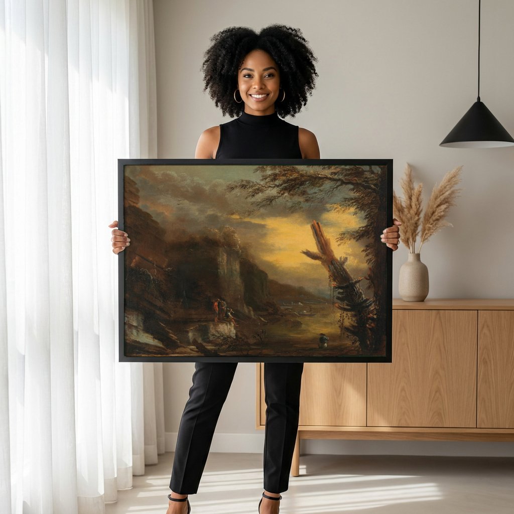 Quadro Decorativo Paisagem com Pescadores - Salvator Rosa com modelo em ambiente