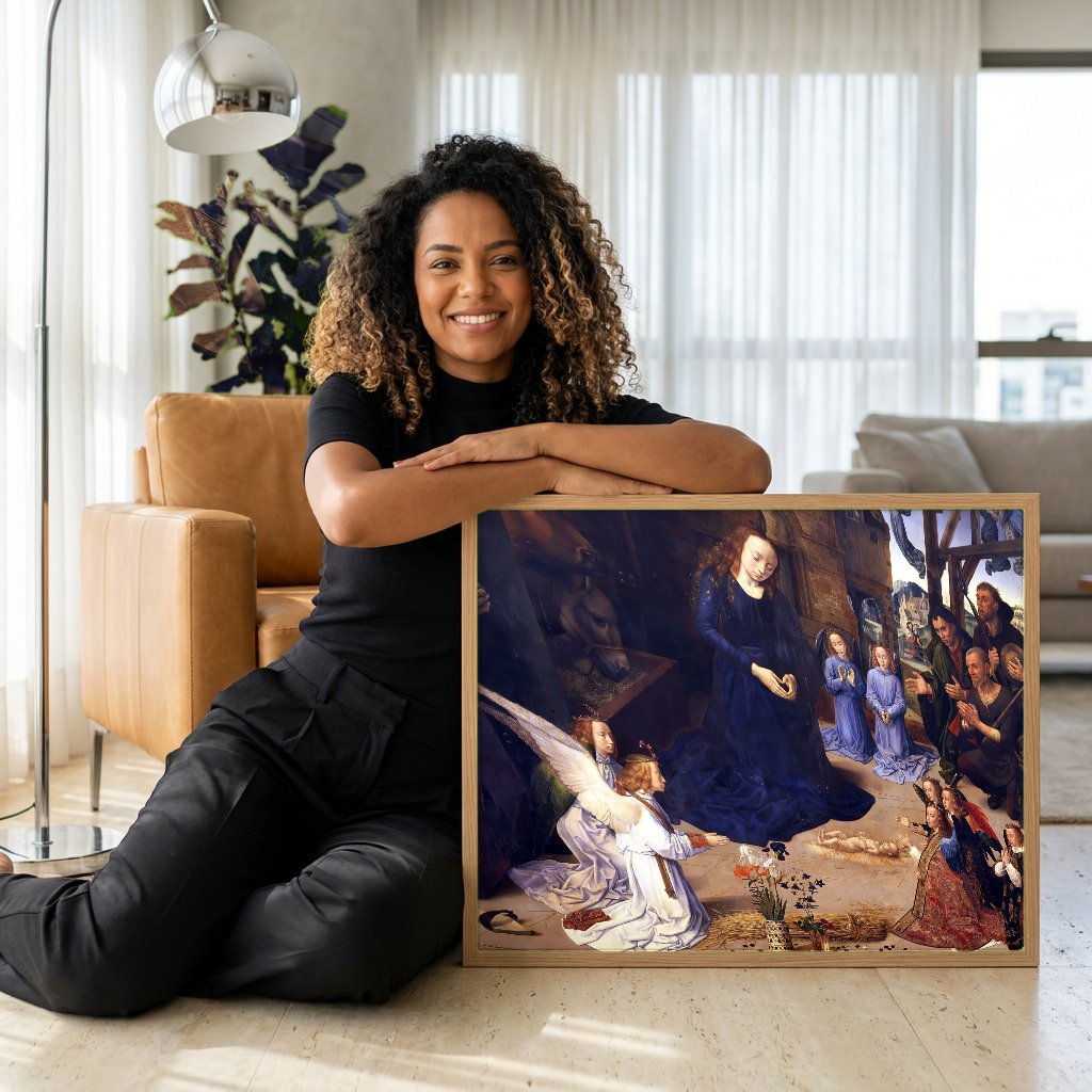 Quadro Decorativo A Adoração dos Pastores - Hugo van der Goes com modelo em ambiente